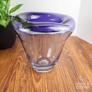 Heavy Blue Amethyst Art Glass Vase Thick Rolled Rim Cased Modern Hand Blown 8 in